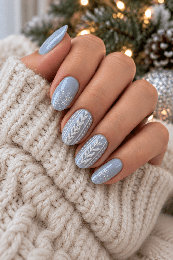 image optimized for mobile five fingers visible on a woman's hand, glossy pale blue nails with two delicate white snowflake accent nails, natural skin texture, cozy winter background, editorial beauty photography