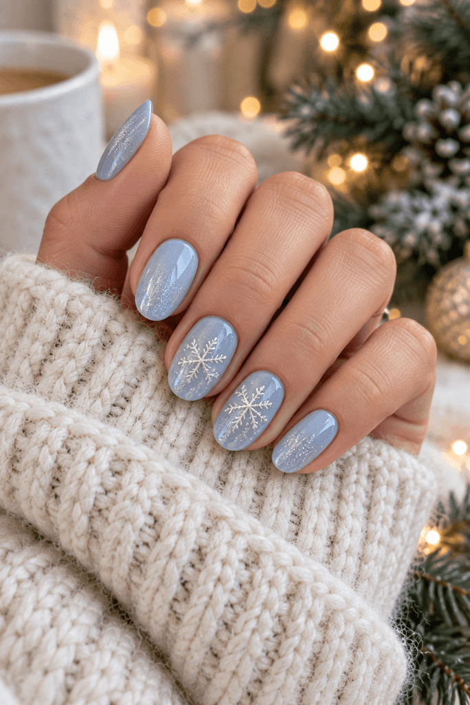 image optimized for mobile woman's short oval nails in sheer icy blue polish with subtle silver shimmer, hands resting on a cream wool sweater, natural daylight, realistic close-up
