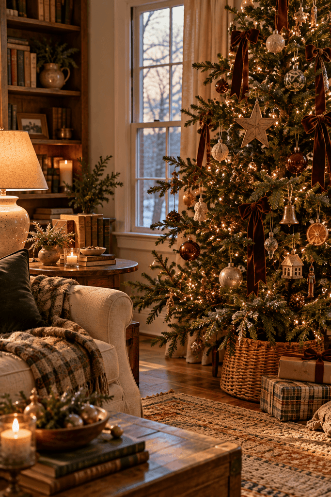 lived-in Christmas corner with a naturally imperfect tree displaying mismatched handmade ornaments