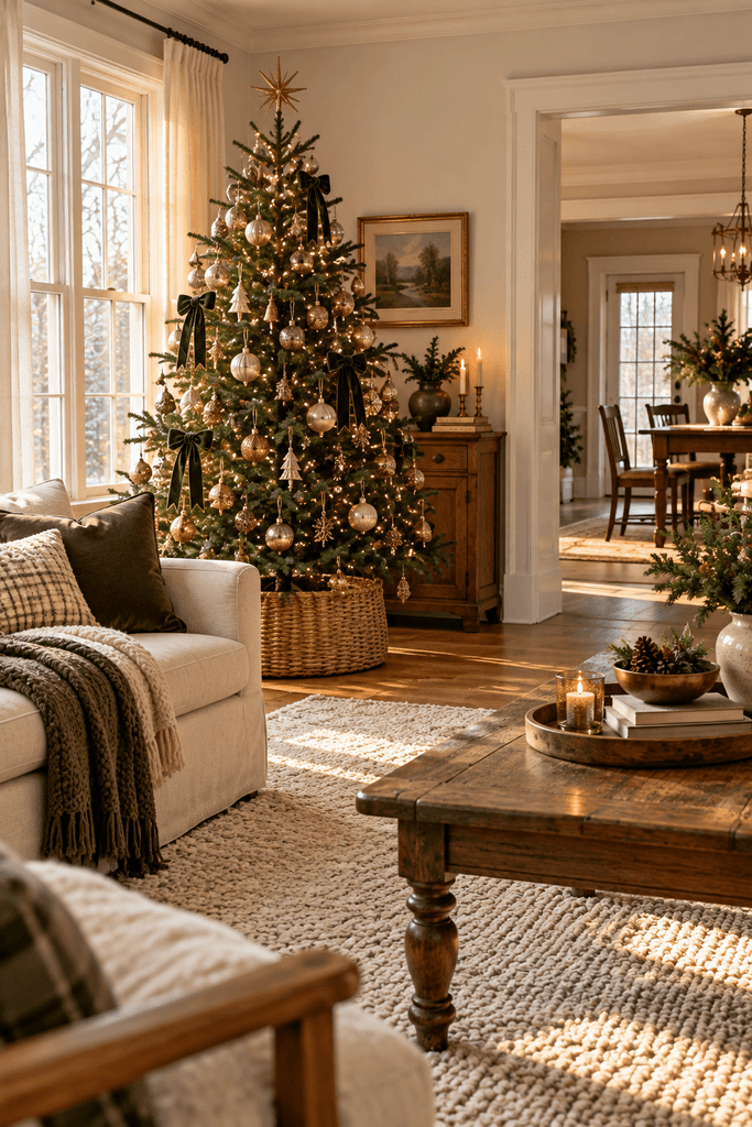modest Christmas tree thoughtfully positioned beside a living room window