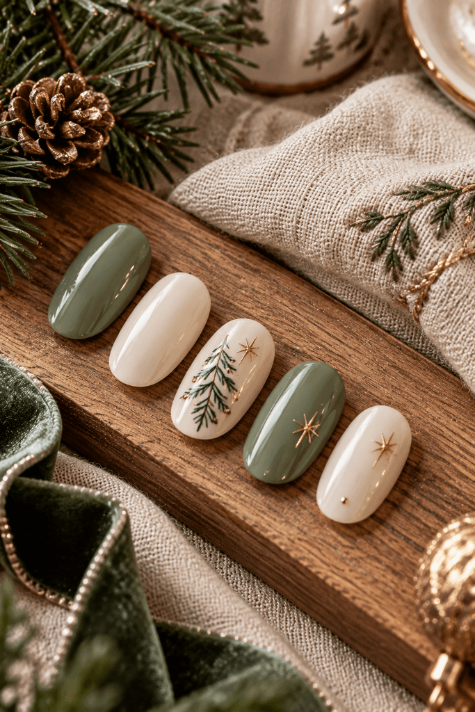 nail art editorial showing sage green and ivory short rounded artificial nail tips, one ivory tip featuring a tiny fine-line evergreen branch