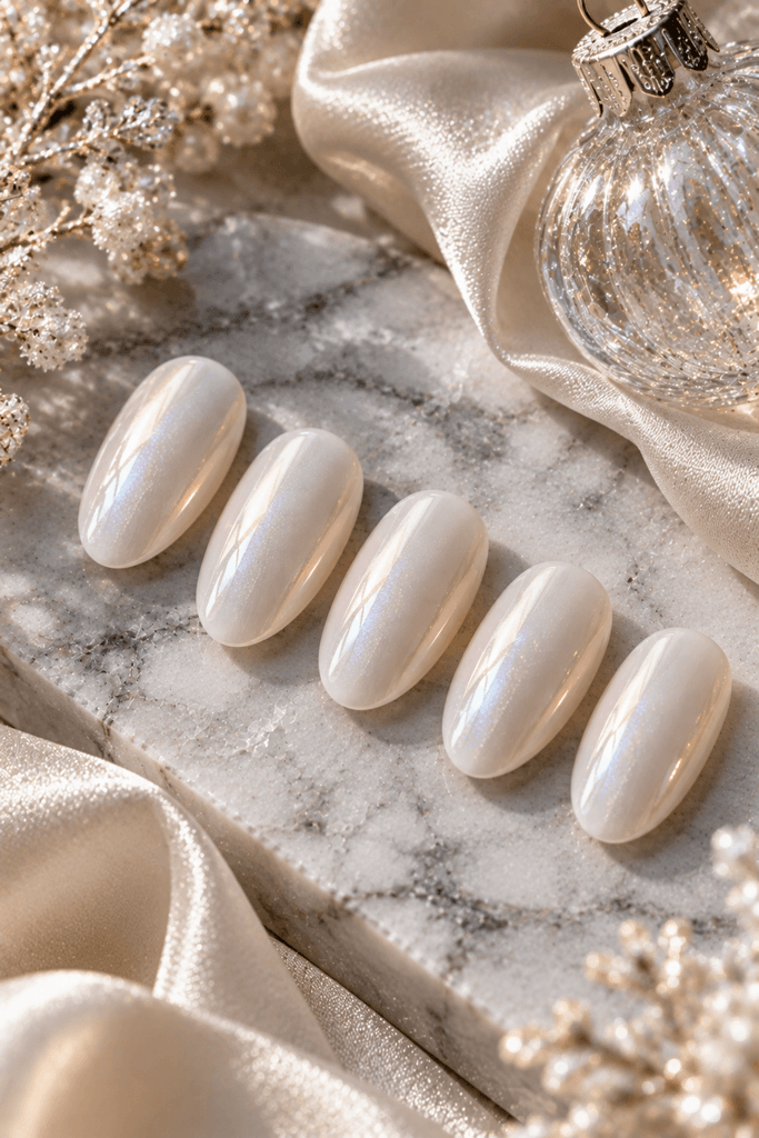 photograph of pearl white short almond artificial nail tips with subtle iridescent icy sheen