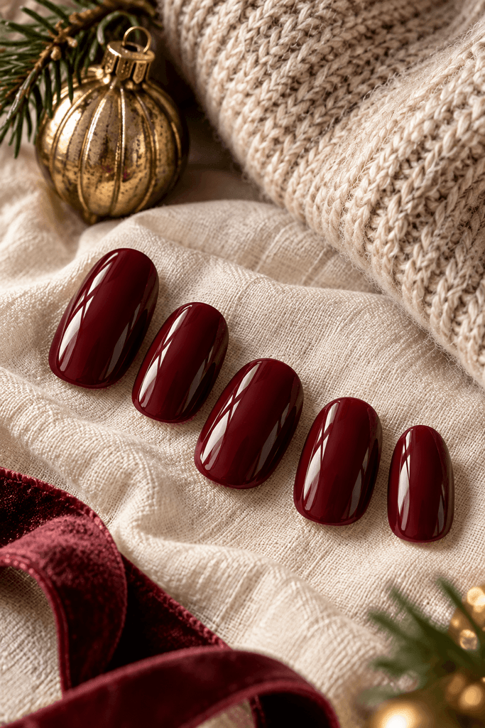 short oval artificial nail tips painted in rich glossy burgundy