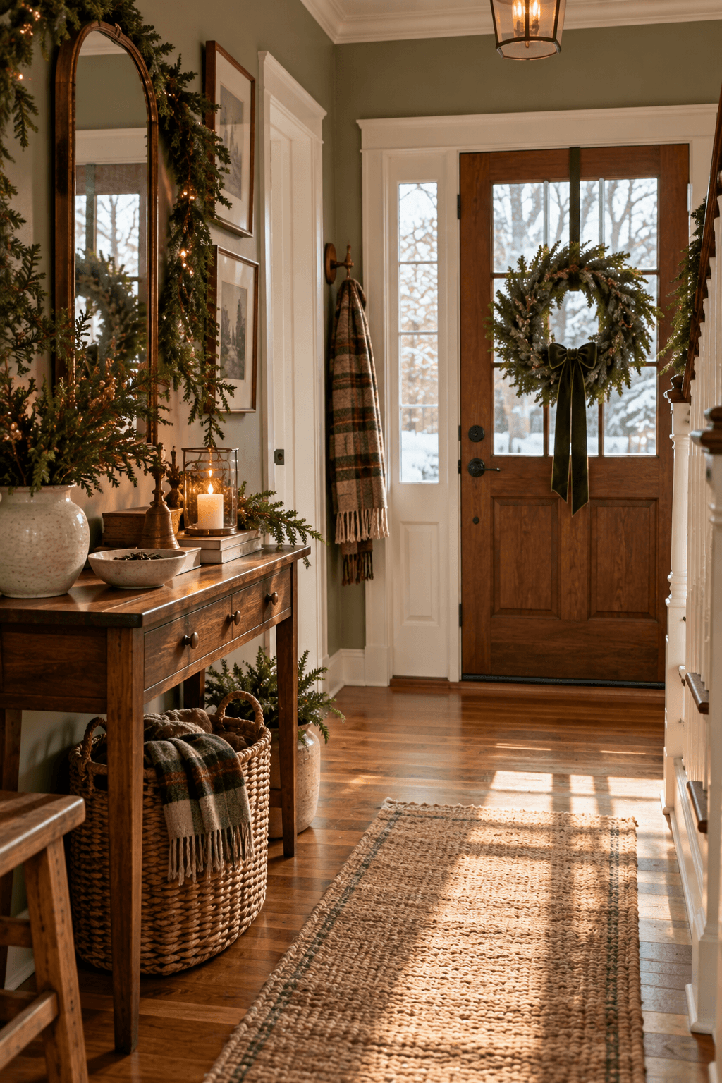 small welcoming American home entryway decorated for Christmas