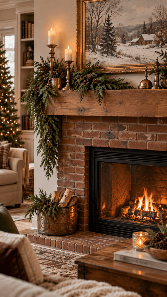 traditional red brick Christmas fireplace with a restrained cedar garland, one antique framed winter landscape, three small vintage brass ornaments, and intentional empty space across the wooden mantel